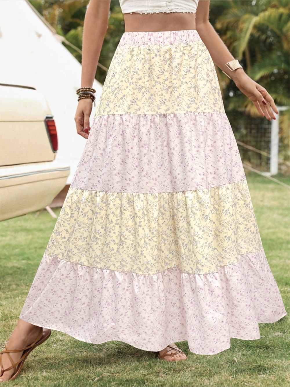 New Shein Pink Yellow Boho Floral Tiered Hem Midi Skirt Size Large